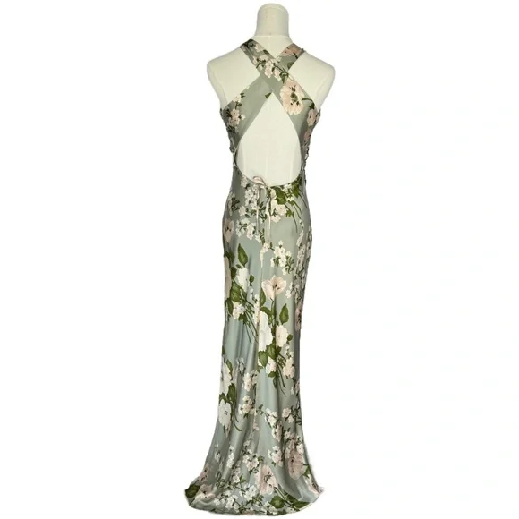Reformation Green Floral Silk Halter Maxi Dress | Size 0 - Picture 5 of 9
